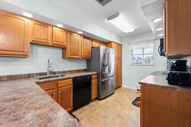 kitchen with light tile patterned floors, black dishwasher, visible vents, stainless steel refrigerator with ice dispenser, and a sink