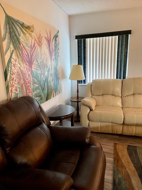 living area featuring a textured ceiling and wood finished floors