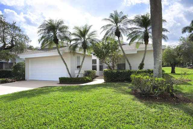 view of front of house with stucco siding, a shingled roof, an attached garage, driveway, and a front lawn