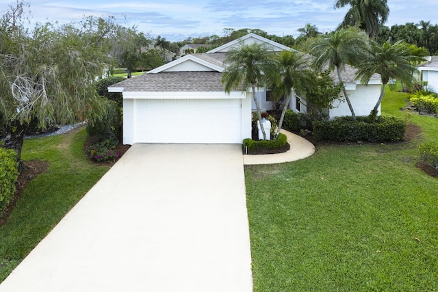 view of front facade featuring an attached garage, driveway, roof with shingles, stucco siding, and a front yard