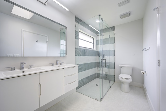 full bath with double vanity, visible vents, toilet, a stall shower, and a sink