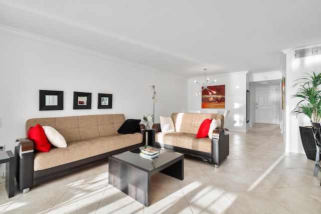 living room featuring baseboards, light tile patterned flooring, an inviting chandelier, and crown molding