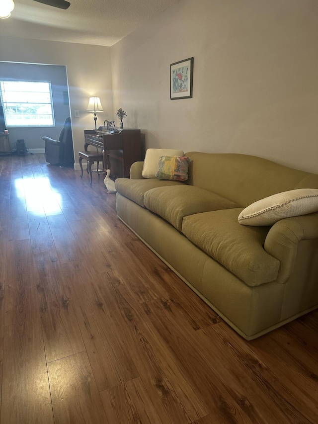 living room with hardwood / wood-style floors and ceiling fan