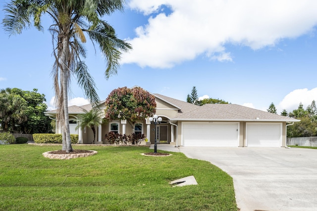 view of front of home featuring a garage, stucco siding, concrete driveway, and a front yard