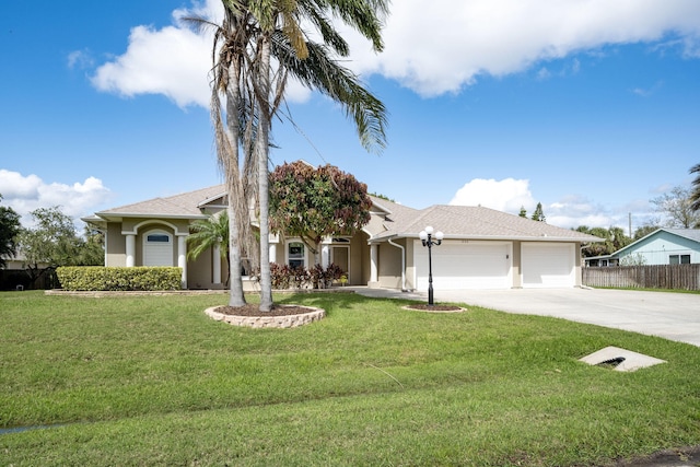 view of front of home with an attached garage, fence, driveway, stucco siding, and a front lawn