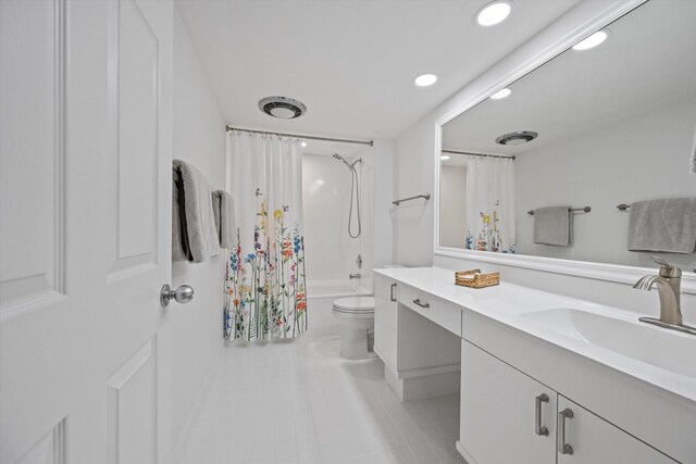 full bath with visible vents, toilet, tile patterned floors, shower / bath combination with curtain, and vanity