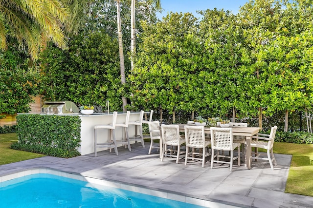 view of pool featuring grilling area, exterior bar, and a patio area