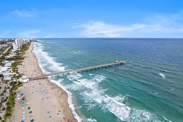 drone / aerial view with a water view and a beach view