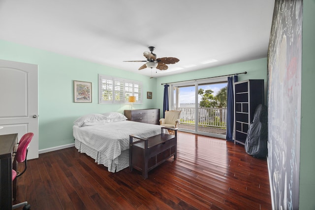 bedroom with ceiling fan, dark hardwood / wood-style floors, and access to exterior