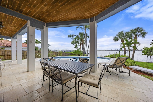 view of patio / terrace with a water view and a fenced in pool