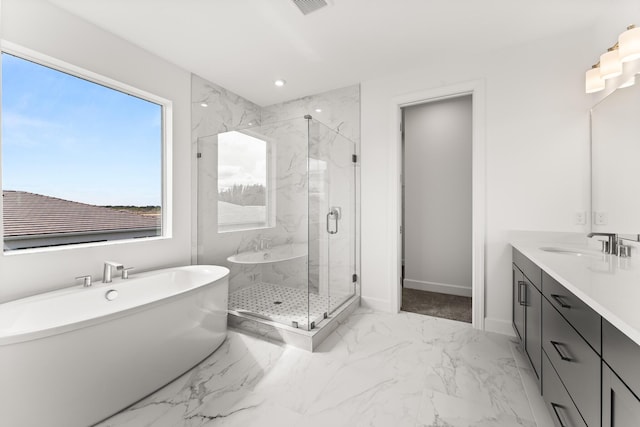 full bathroom with a marble finish shower, baseboards, marble finish floor, a freestanding bath, and vanity