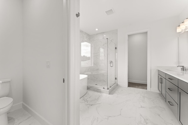 bathroom with marble finish floor, a marble finish shower, toilet, vanity, and baseboards