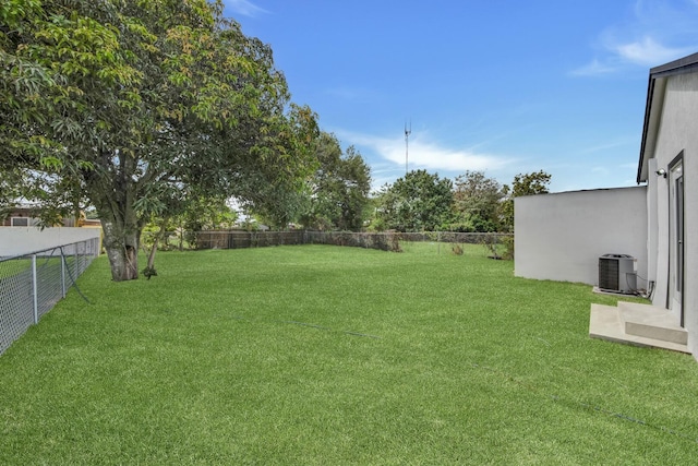 view of yard featuring a fenced backyard and central AC unit