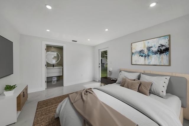 bedroom featuring visible vents, baseboards, ensuite bath, access to exterior, and recessed lighting