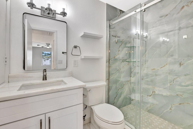 bathroom featuring vanity, toilet, and a marble finish shower