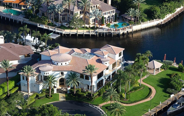 aerial view featuring a water view