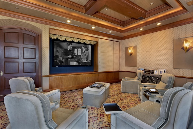 home theater with coffered ceiling, ornamental molding, and beamed ceiling