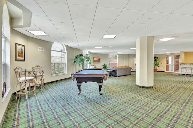 recreation room with a paneled ceiling, carpet flooring, billiards, and baseboards