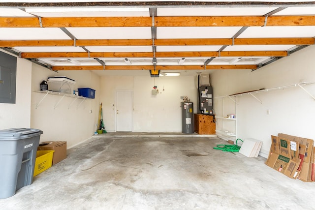 garage featuring electric panel, electric water heater, and heating unit