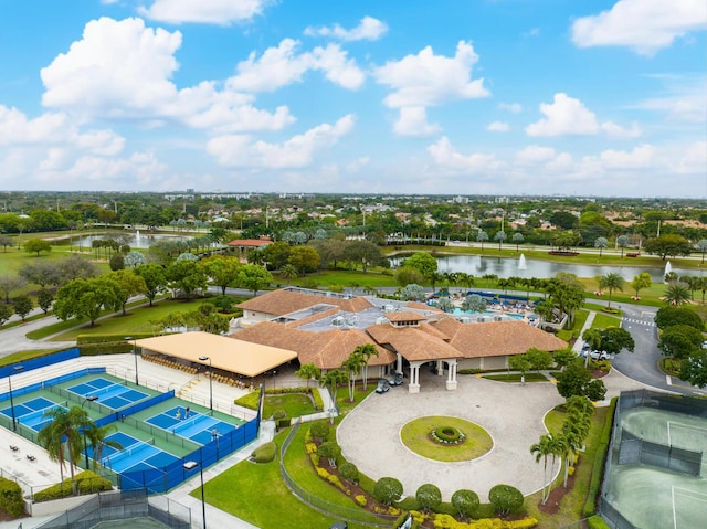 aerial view with a residential view and a water view