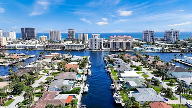 aerial view with a view of city and a water view