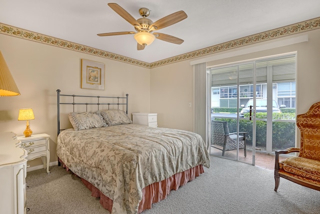 bedroom featuring carpet floors, access to outside, and ceiling fan