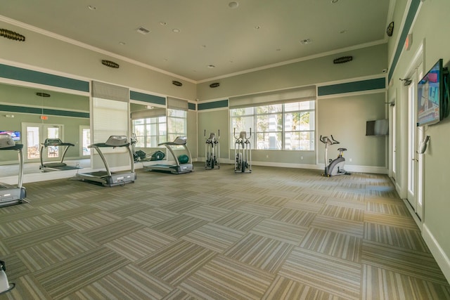 gym featuring a wealth of natural light, light colored carpet, and ornamental molding