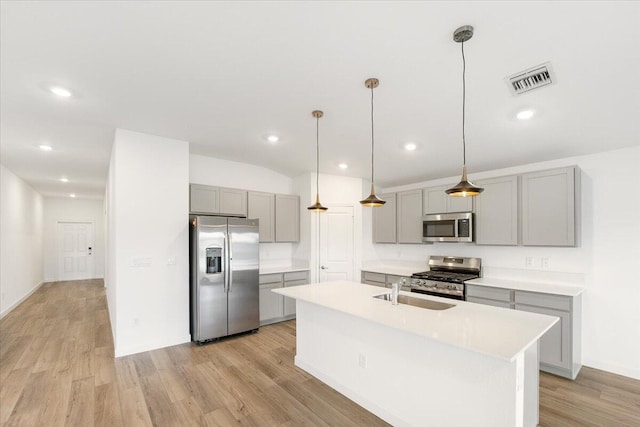 kitchen featuring an island with sink, decorative light fixtures, stainless steel appliances, light countertops, and a sink