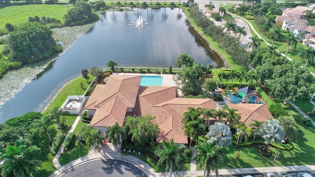 bird's eye view with a water view