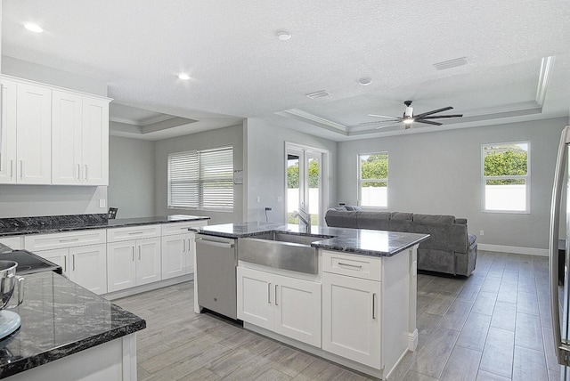 kitchen with white cabinets, sink, a raised ceiling, and dishwasher