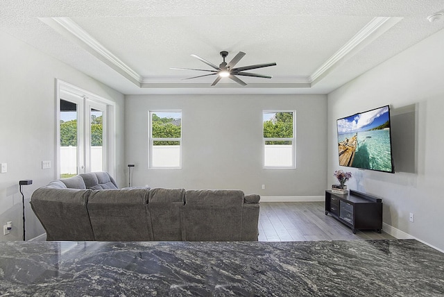 living room featuring a tray ceiling, a textured ceiling, and a wealth of natural light