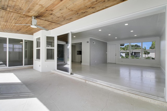 interior space with ornamental molding, recessed lighting, wooden ceiling, and ceiling fan