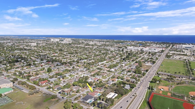 bird's eye view with a water view