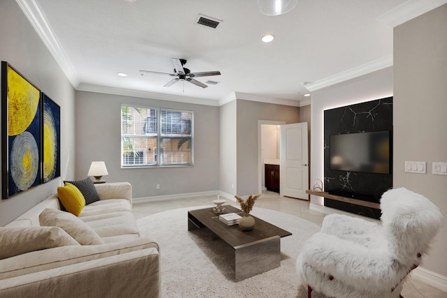 220 S Federal Hwy Unit 4, Lake Worth Beach, FL 33460 - living room featuring recessed lighting, a ceiling fan, baseboards, crown molding, and light tile patterned floors