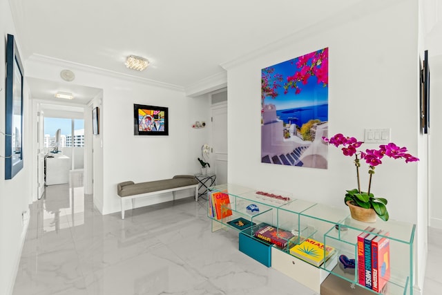 game room with marble finish floor, ornamental molding, visible vents, and baseboards