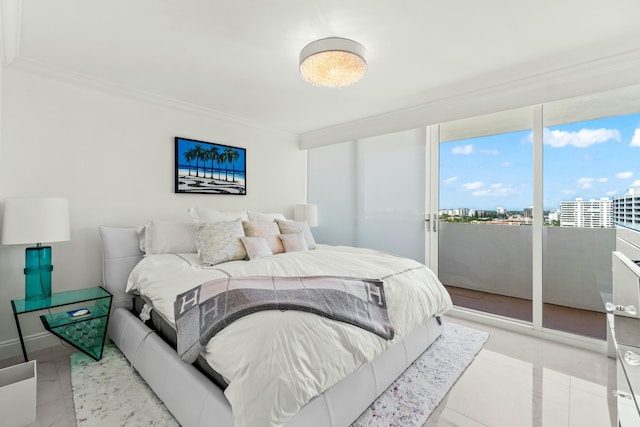 bedroom with access to exterior, a view of city, crown molding, and light tile patterned floors