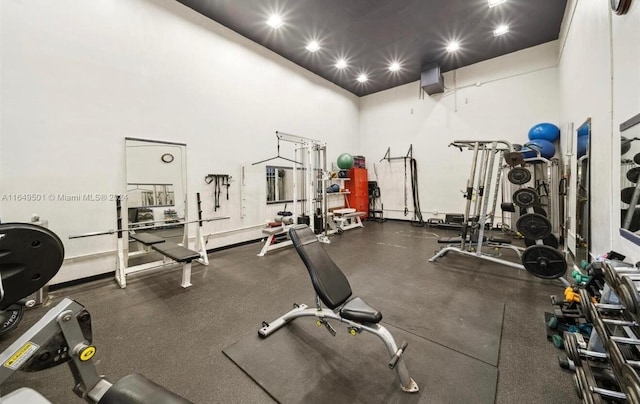 workout area with a towering ceiling