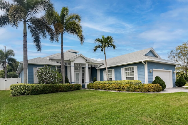 ranch-style home featuring driveway, a front lawn, an attached garage, and fence