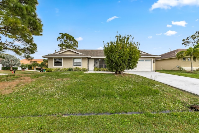 ranch-style home with a garage and a front yard