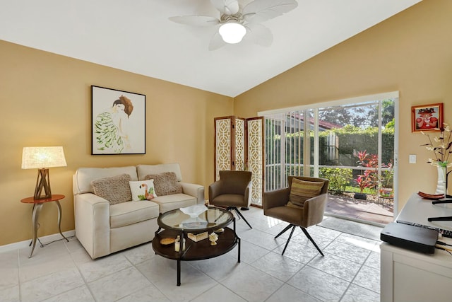 living room with lofted ceiling and ceiling fan