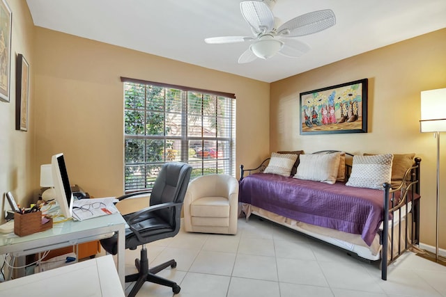 bedroom with light tile patterned flooring and ceiling fan