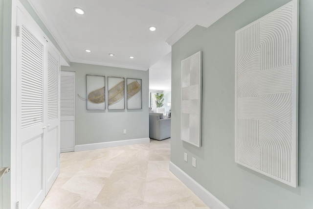 corridor featuring ornamental molding, recessed lighting, and baseboards