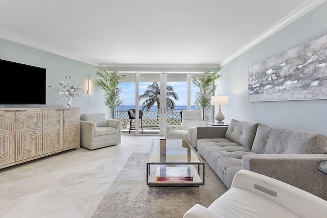 living area featuring crown molding