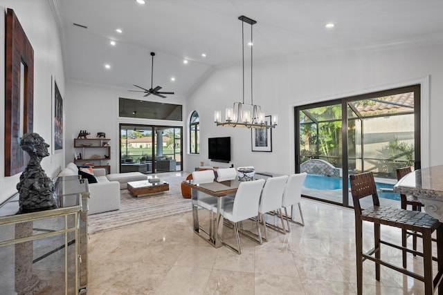 dining room with ceiling fan, high vaulted ceiling, recessed lighting, a sunroom, and ornamental molding