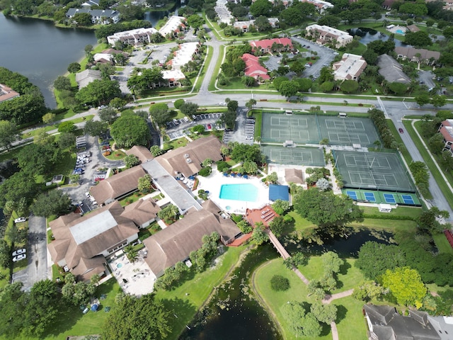 aerial view featuring a residential view and a water view