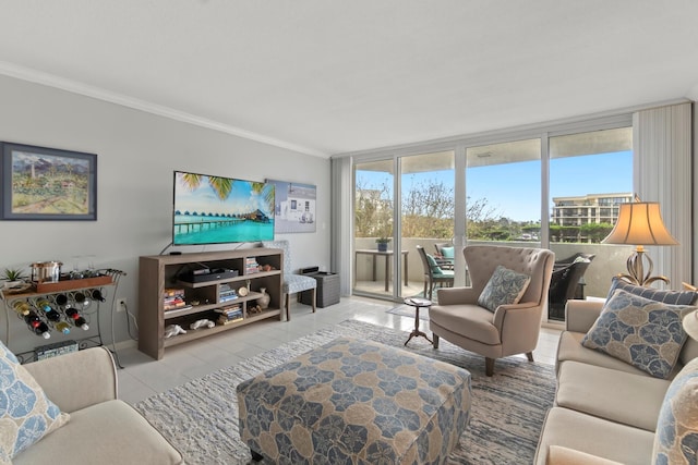 living room featuring expansive windows, crown molding, and light tile patterned floors