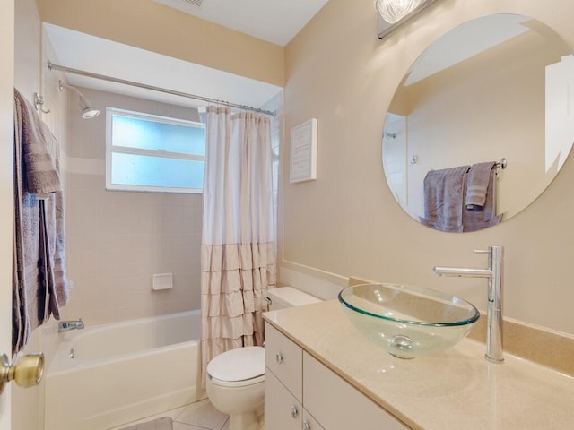 full bathroom with toilet, shower / bath combination with curtain, tile patterned flooring, and vanity