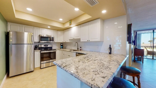 kitchen with white cabinetry, kitchen peninsula, stainless steel appliances, and a tray ceiling