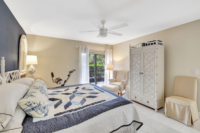 bedroom featuring access to exterior, light tile patterned flooring, and ceiling fan