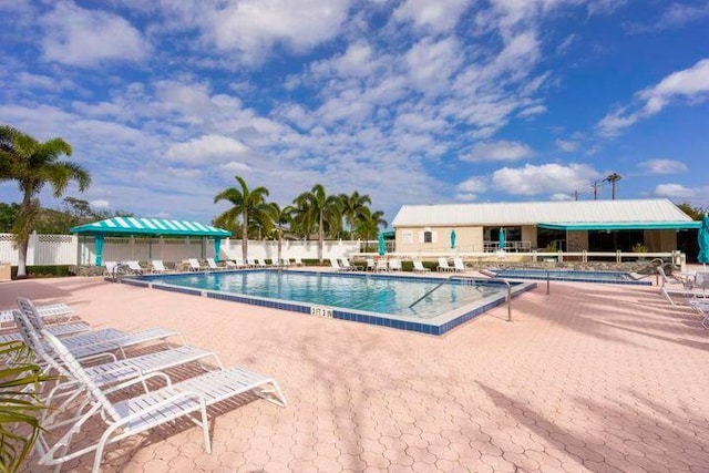 view of swimming pool featuring a patio area